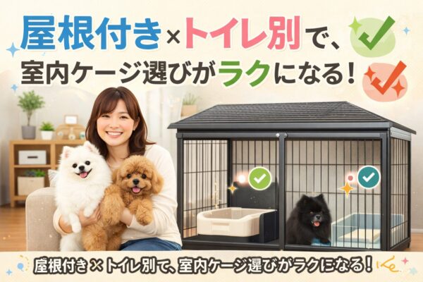 屋根付きでトイレ別構造の犬ケージの前で、清潔感のある日本人女性が白ポメラニアンとアプリコットプードルを抱えて笑顔で座っている室内シーン