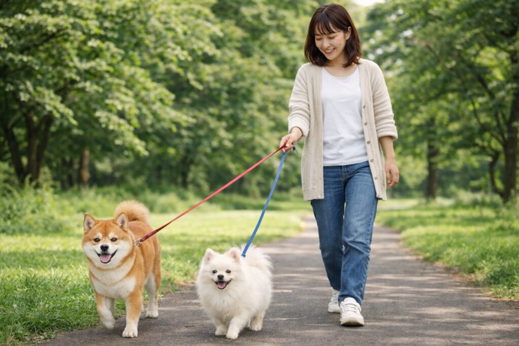 明るいリビングで、清潔感のある笑顔の日本人女性が柴犬とアプリコットプードルのノーズワーク