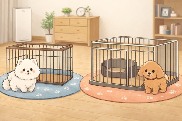 ケージとサークルが並ぶ室内でくつろぐ白ポメラニアンとアプリコットプードルのイラスト