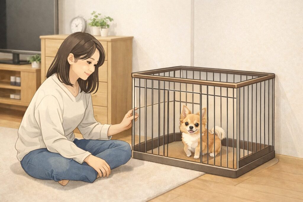 リビングの壁際に置いたケージとチワワを見守る日本人女性の室内写真