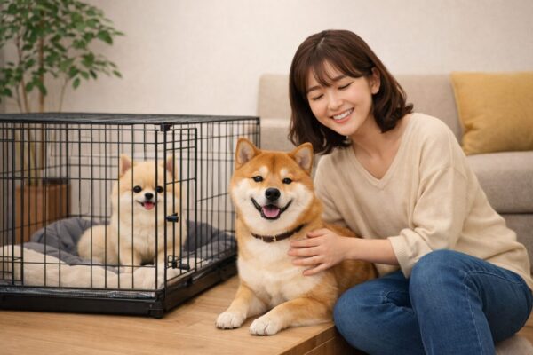 リビングでケージのそばに座り、柴犬を撫でる笑顔の日本人女性と、ケージ内でくつろぐ白ポメラニアン