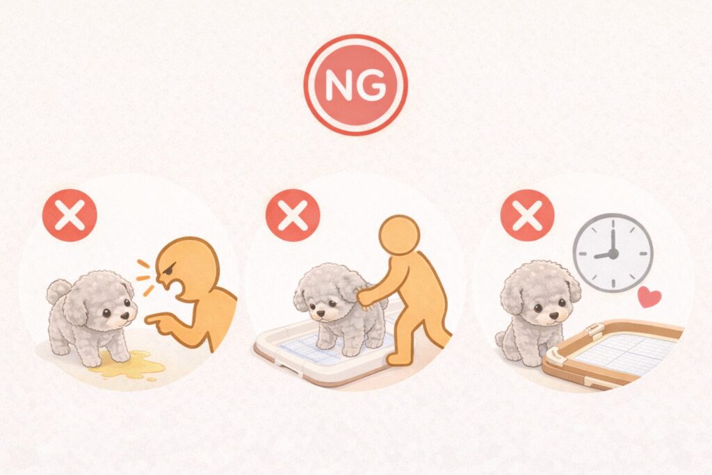 子犬を叱る・無理に連れていくなど、トイレしつけのNG行動を示したイラスト