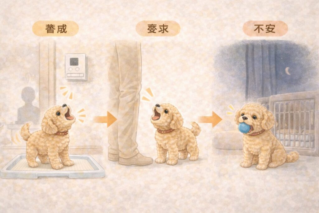 犬の無駄吠えの原因である警戒・要求・不安を3分割で示した初心者向けイラスト