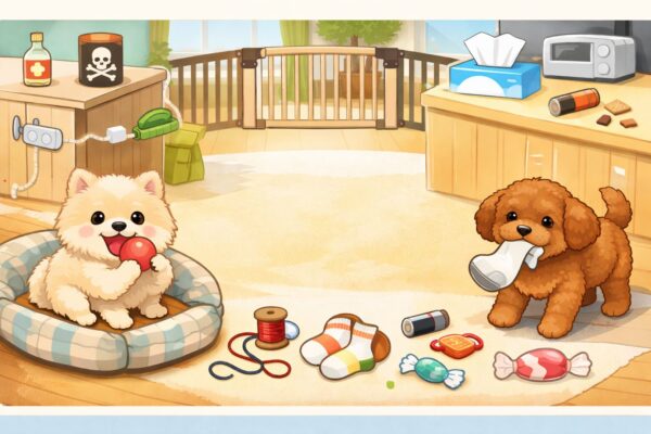 子犬の誤飲防止をテーマにした部屋づくりの安全対策イラスト