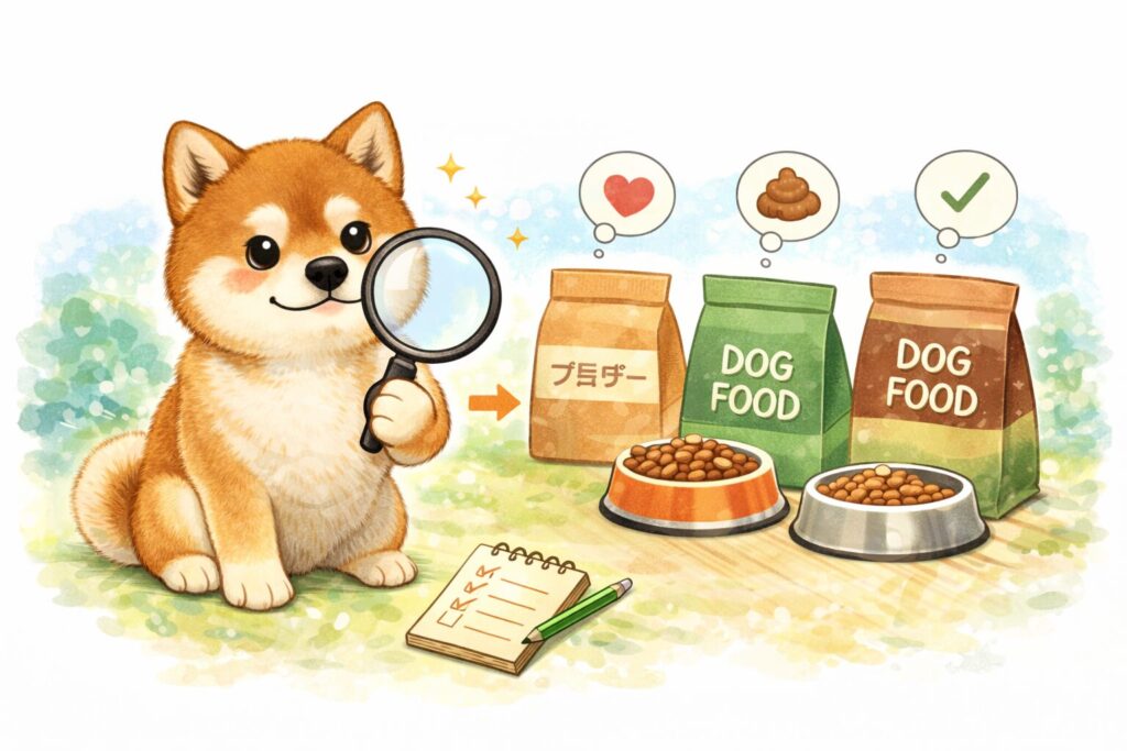 複数のドッグフードを前に観察している柴犬のイラスト