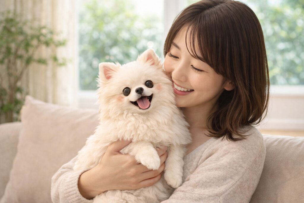 日本人女性に抱かれて幸せそうな表情のポメラニアンの実写写真