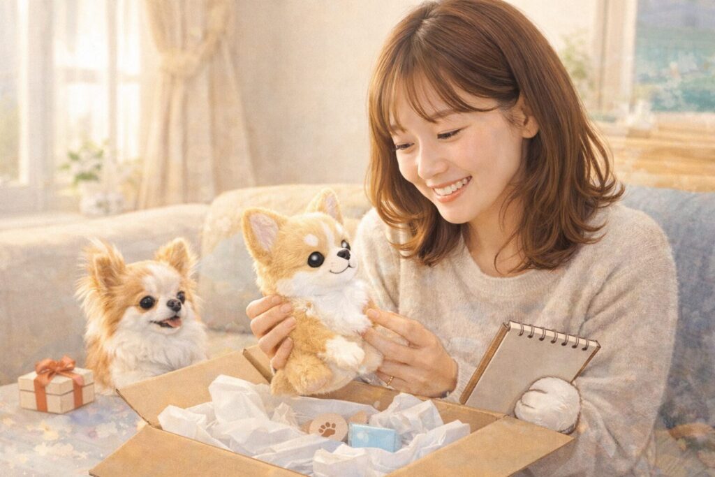 チワワのぬいぐるみを開封して楽しむ様子（チワワグッズの王道イメージ）