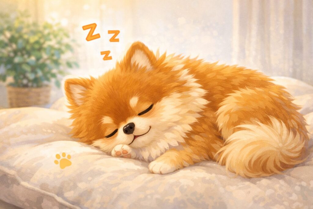 リラックスして眠るポメラニアンの可愛いイラスト