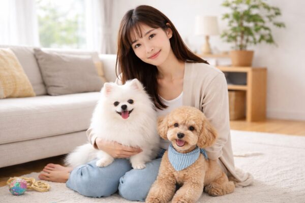 犬と暮らす準備を考える日本人女性と白ポメラニアン、アプリコットプードルの様子