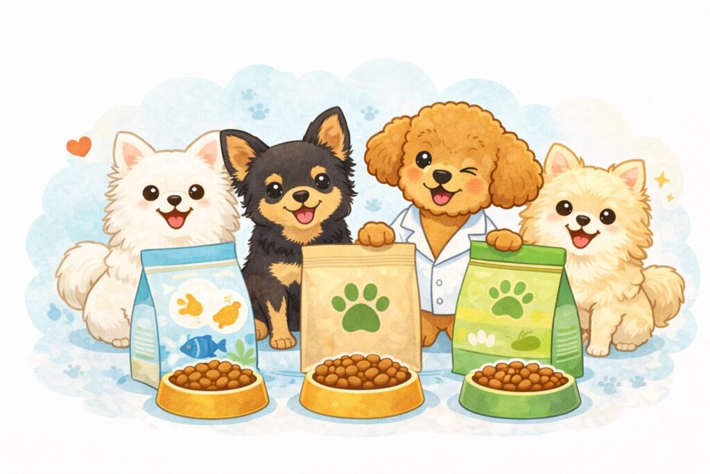 複数の小型犬とドッグフードが並んだおすすめフード紹介イラスト