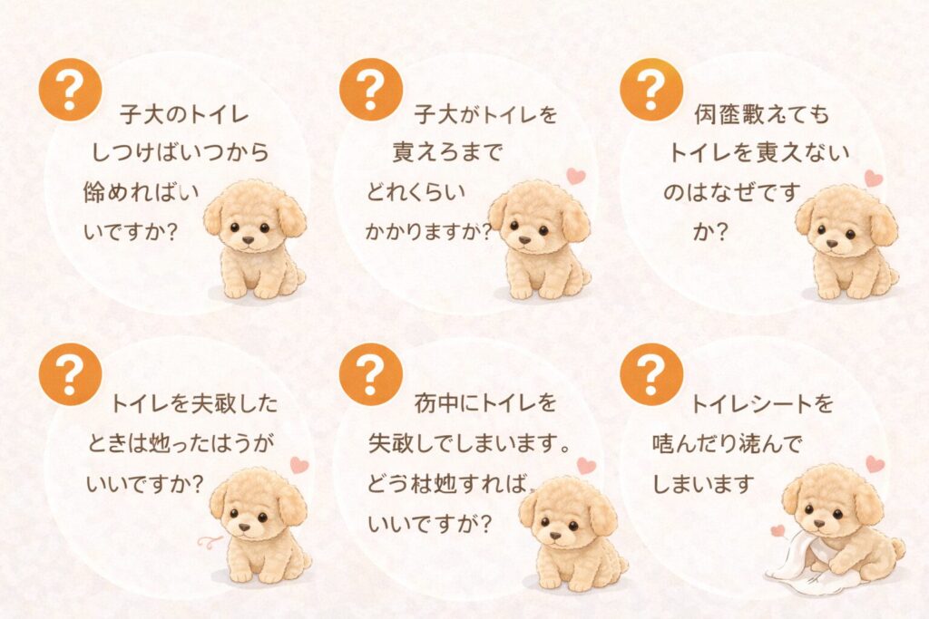 子犬のトイレしつけに関する疑問を表したFAQ用イラスト