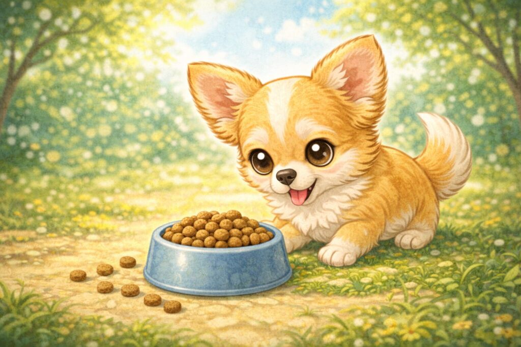 小さな体のチワワと小粒のドッグフードを描いた、フード選びの基本を表すイラスト
