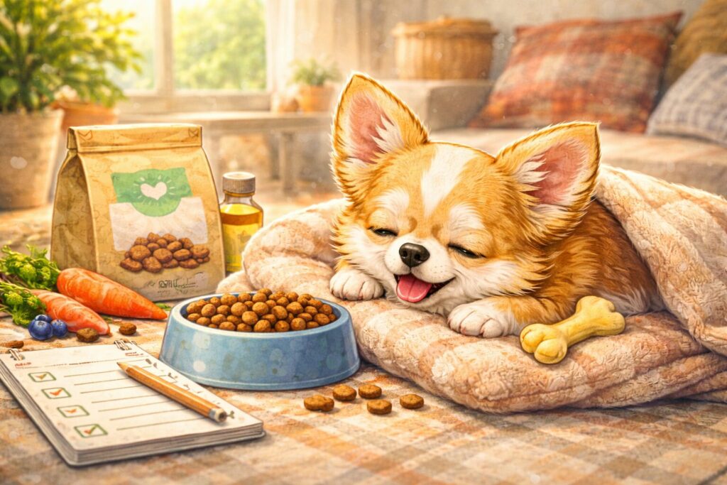 ドッグフードの横でリラックスして眠るチワワのイラスト
