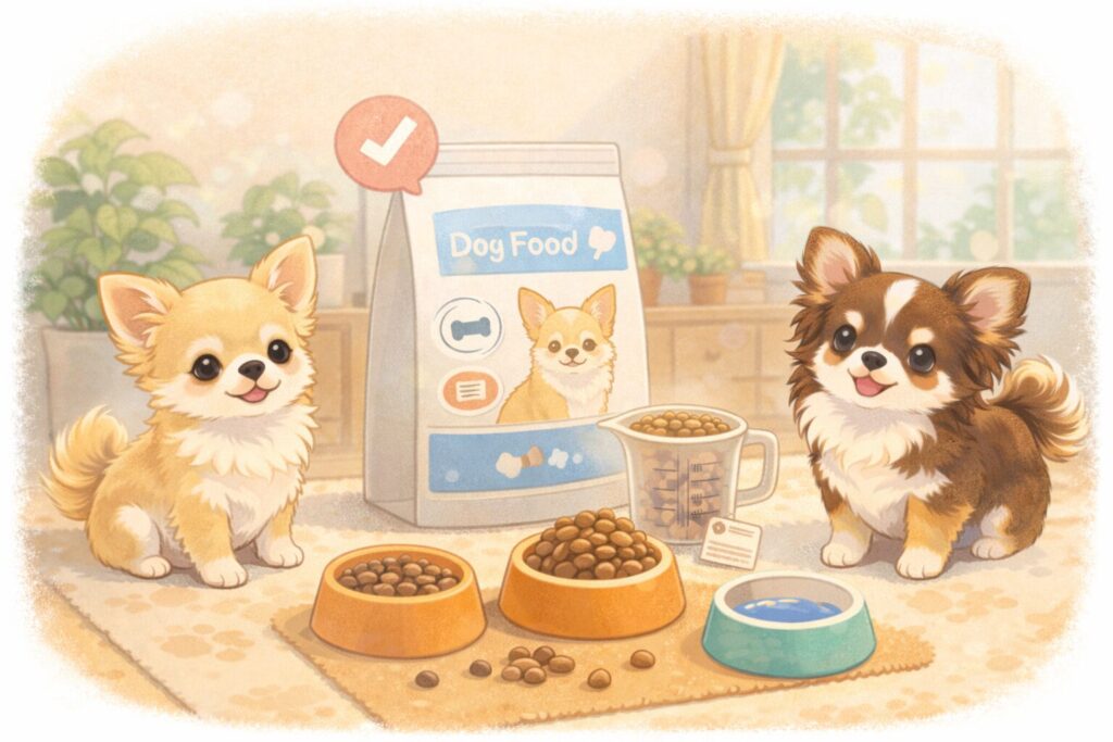 チワワとドッグフード、食事量を示す計量カップを描いたイラスト