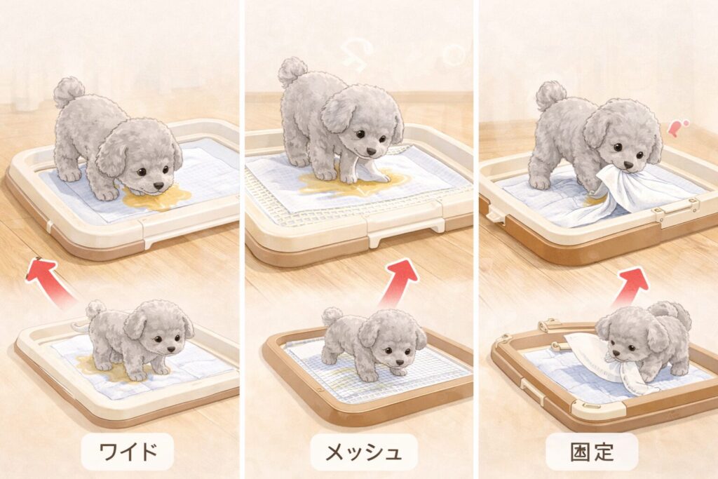 はみ出す・踏む・噛む行動別に、適したトイレトレーを示した子犬のイラスト