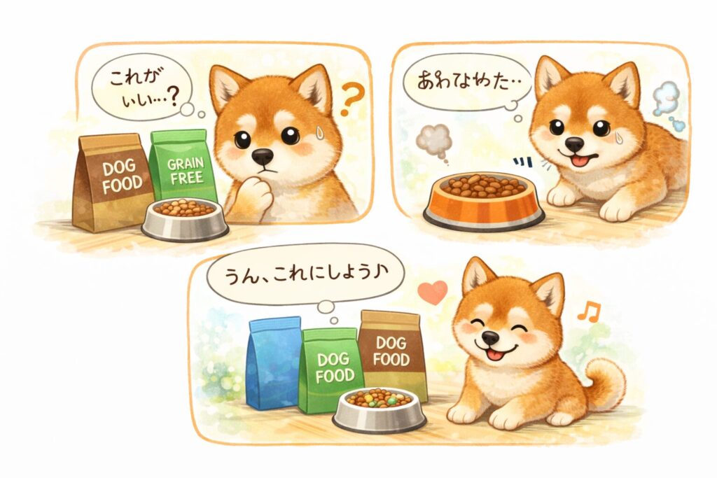 ドッグフードを前に納得した表情をしている柴犬のイラスト