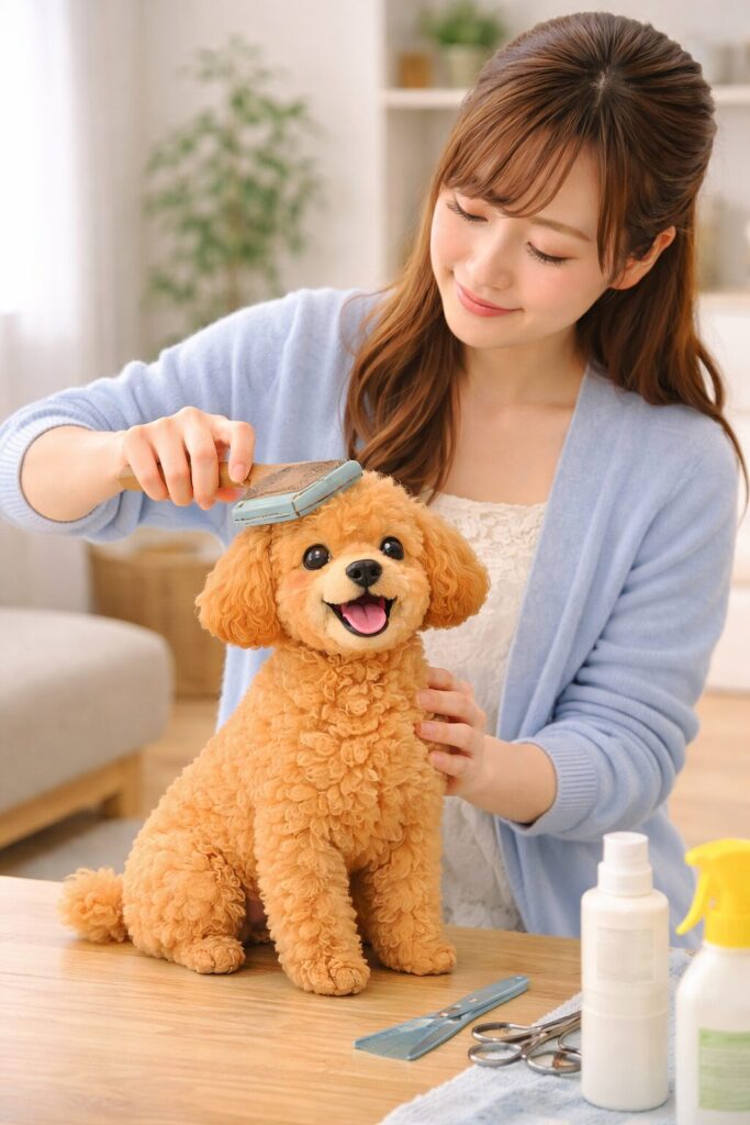トイプードルをブラッシングしてお手入れしている日本人女性