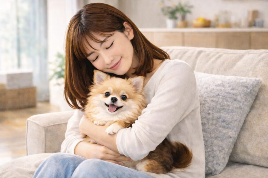 日本人女性が室内でポメラニアンを優しく抱っこし、リラックスしている様子
