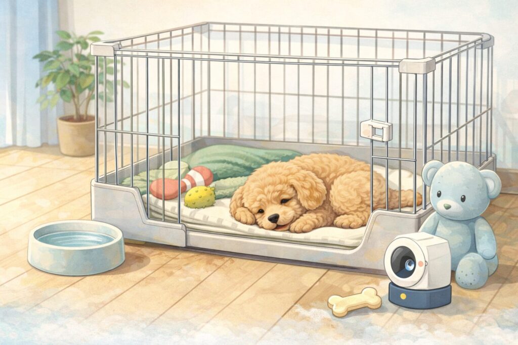 共働き家庭で犬が留守番中も安心して過ごせるよう、ケージ内で休むトイプードルと見守りカメラを配置した環境づくりのイメージ