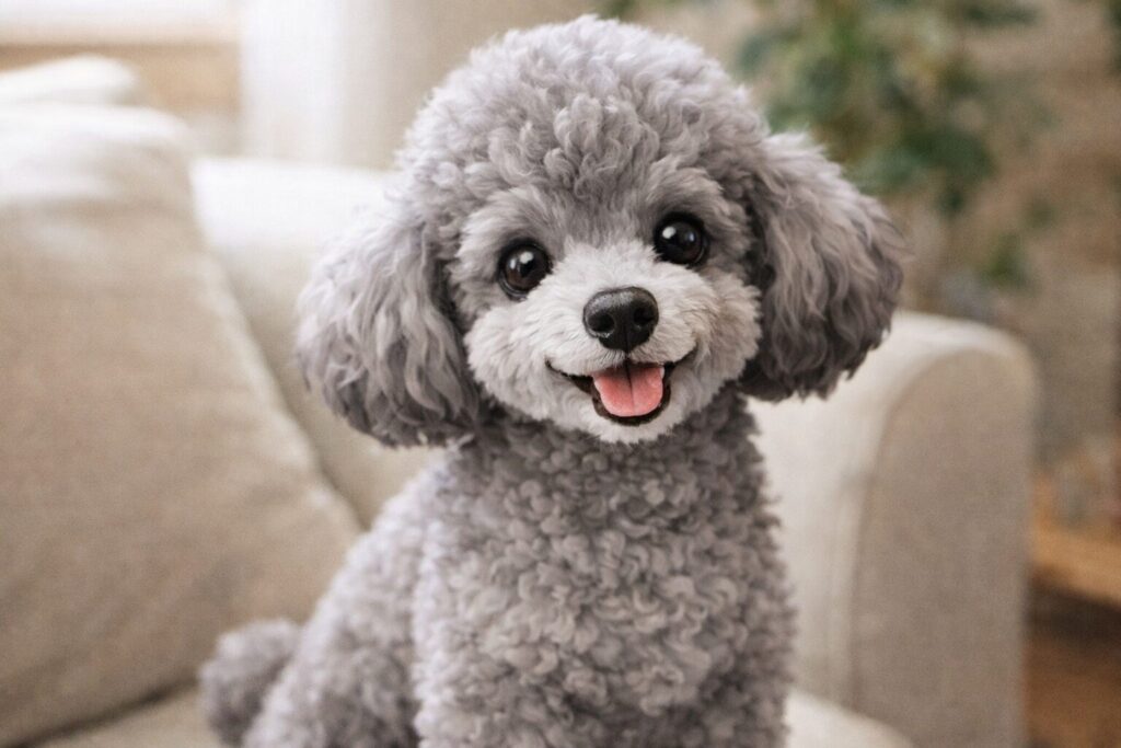 室内でこちらを見るシルバートイプードルの被毛と表情がわかる写真