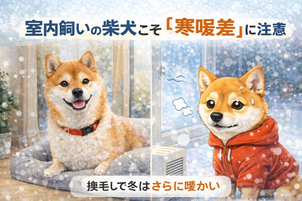 暖かい室内でくつろぐ柴犬と、寒さを感じる柴犬を対比したイメージ
