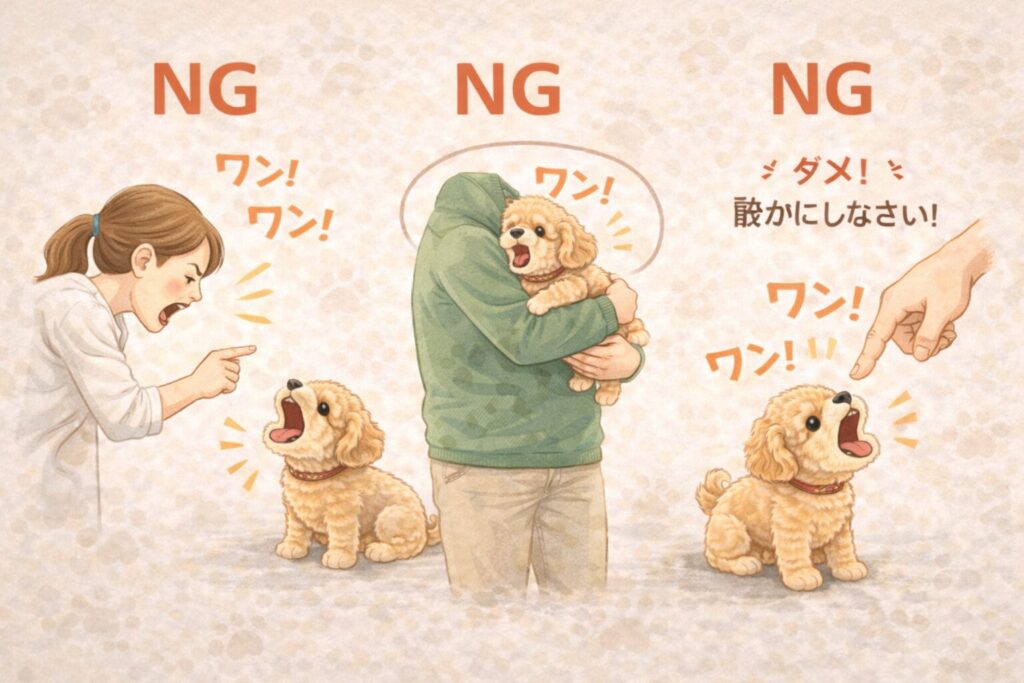 無駄吠えに対して叱る・抱き上げるなど、初心者がやりがちなNG対応を示したイラスト