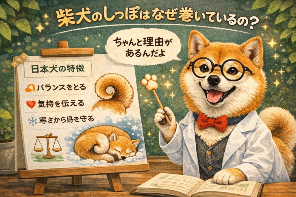 柴犬のしっぽが巻いている理由をイラストで表現した画像