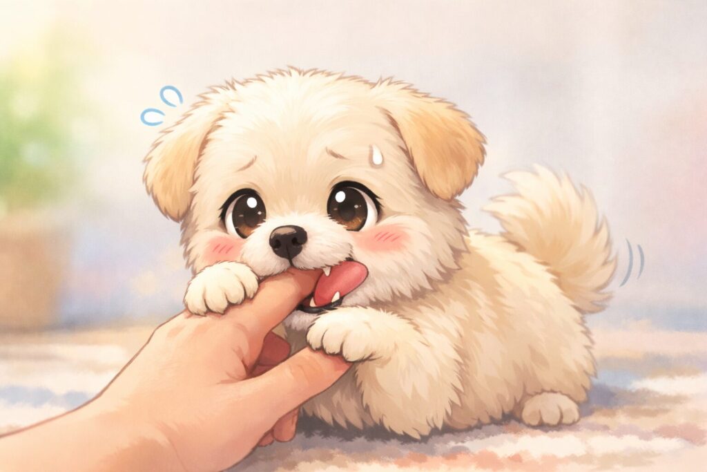 子犬が飼い主の指を甘噛みしている様子のイラスト