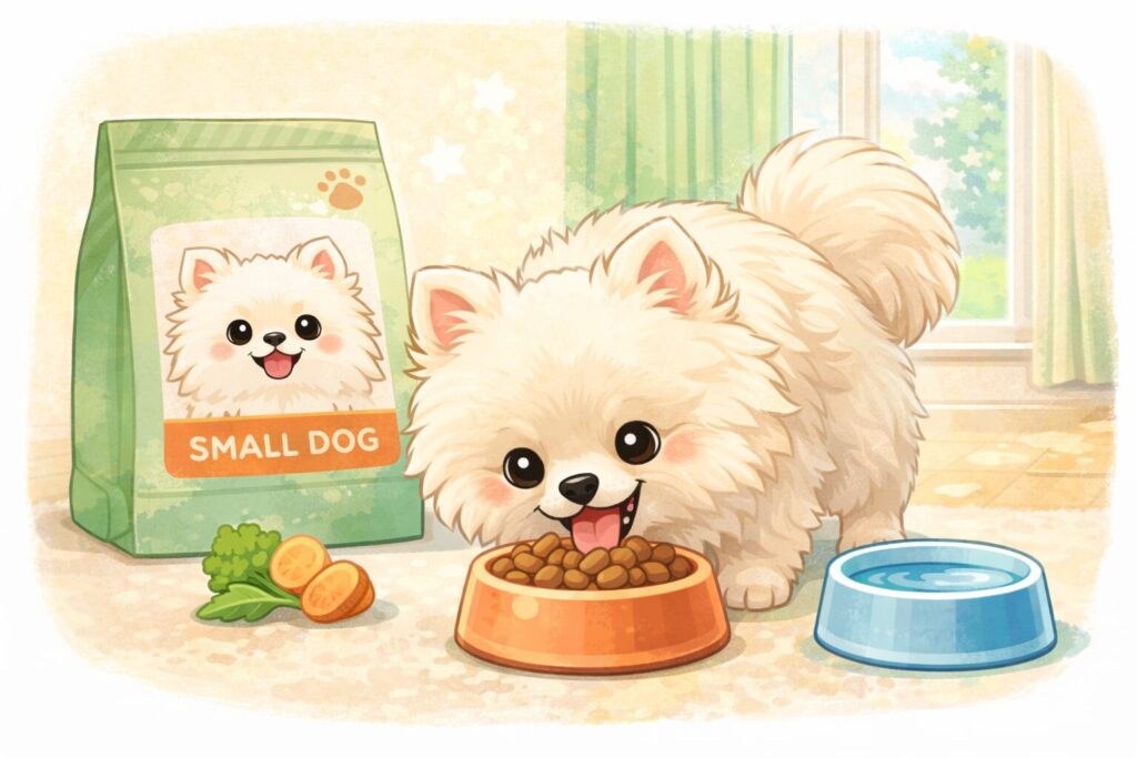 小型犬用フードを食べるポメラニアンの食事シーンのイラスト