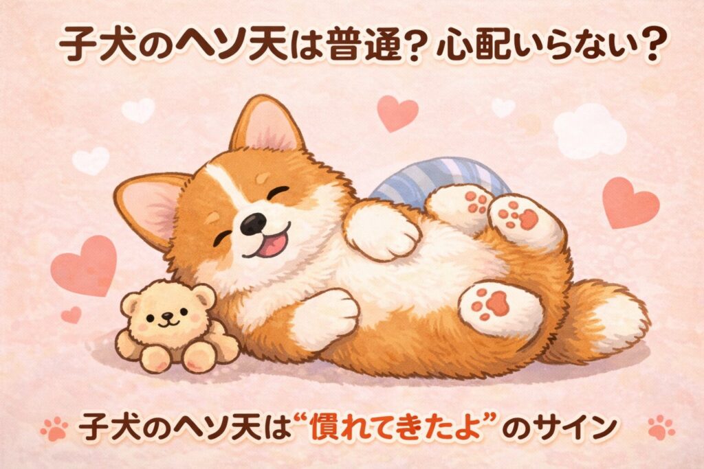 子犬のコーギーがヘソ天で眠り、ハートやぬいぐるみが添えられた優しい雰囲気のイラスト