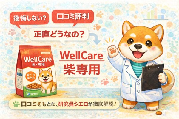 ウェルケア柴専用ドッグフードの口コミや評判を解説する研究員姿の柴犬イラスト