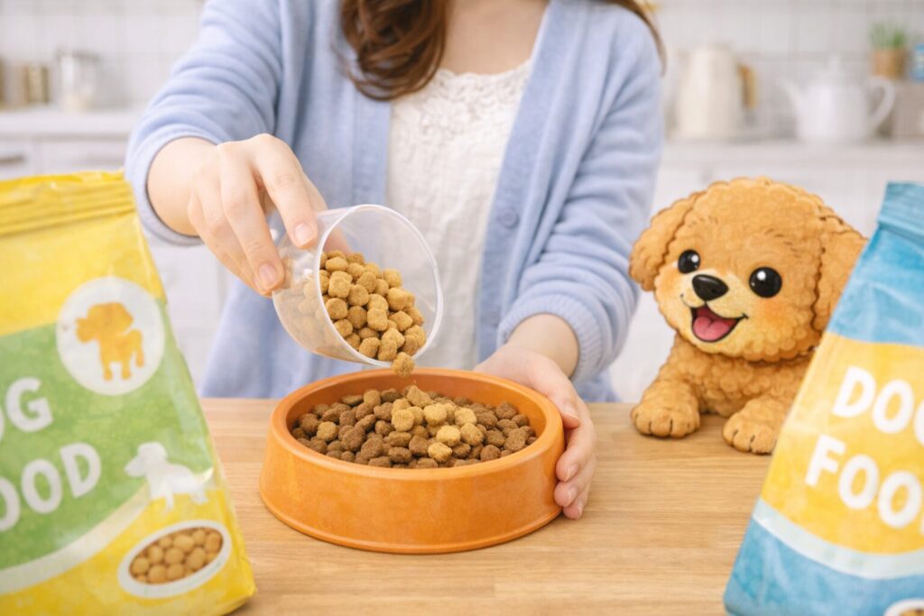 トイプードルのためにドッグフードを少しずつ混ぜている様子