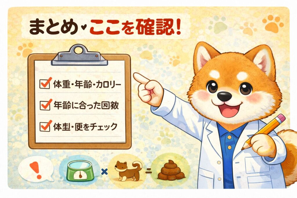 チェックリストを指しながら説明する柴犬研究員のイラスト。食事管理のポイントをまとめている。