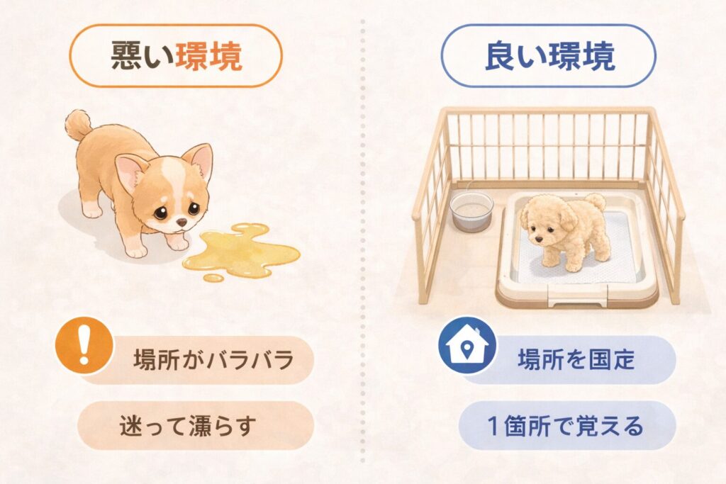 トイレの場所が分からず困っている子犬を表したイラスト
