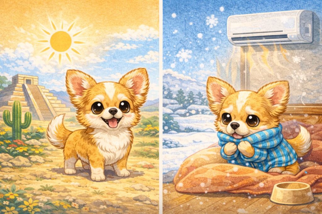 メキシコの暖かい環境と日本の寒い室内環境を比較したチワワのイラスト