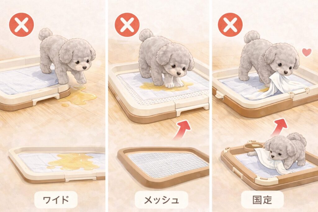 サークル内にトイレを固定し、排泄しやすい環境を整えたイラスト