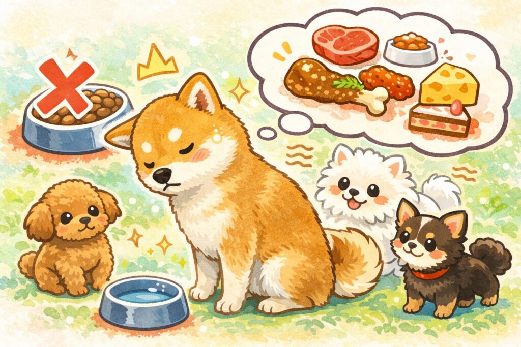 柴犬がフードを避け、おやつの想像をしている横で小型犬たちが見守る可愛いイラスト