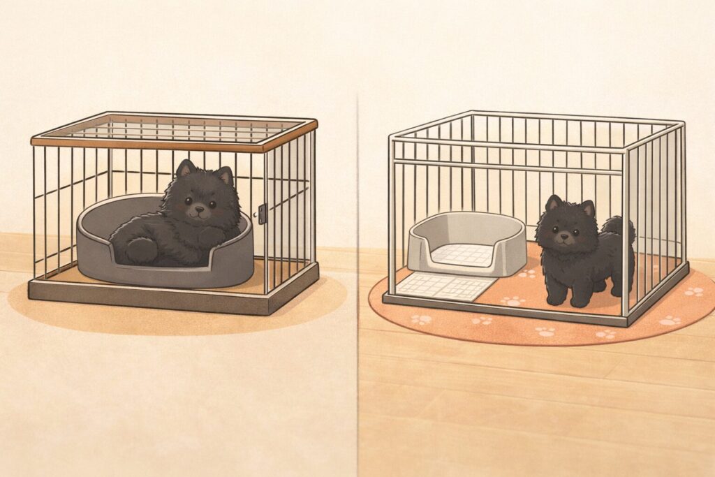 ケージとサークルの役割の違いを比較したイラスト（黒ポメラニアン）