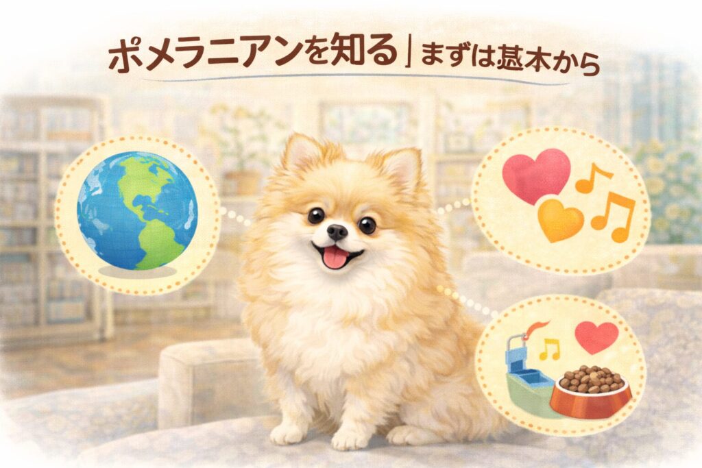 ポメラニアンの周りに地球やハートのアイコンが配置された、原産国と性格を表すイラスト
