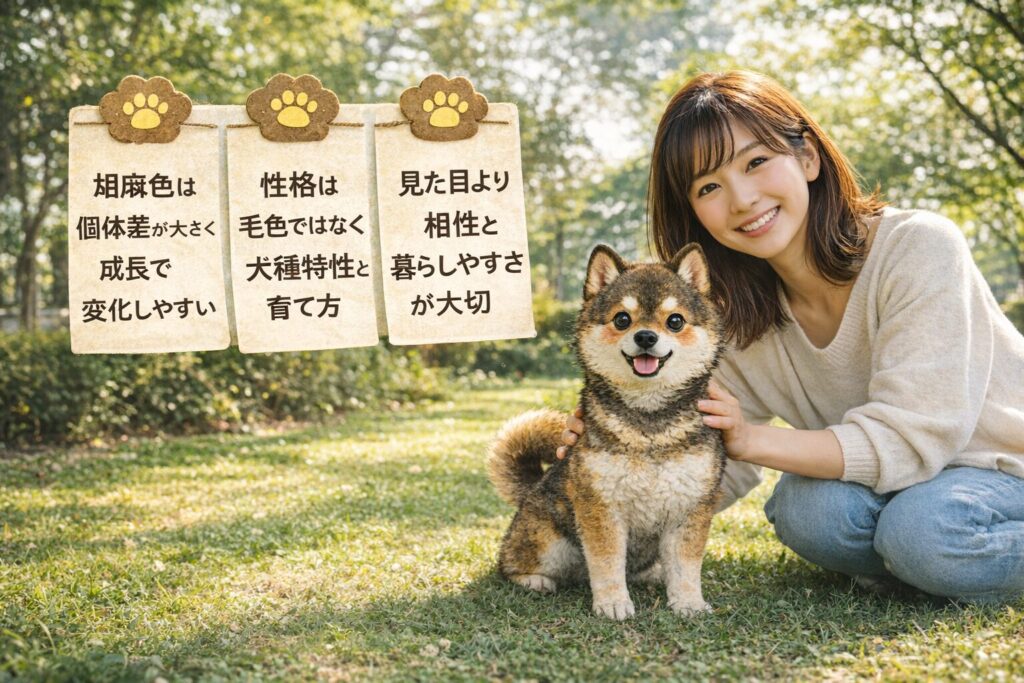 公園で日本人女性と並ぶ胡麻色の柴犬と、毛色や性格の考え方をまとめた実写イメージ