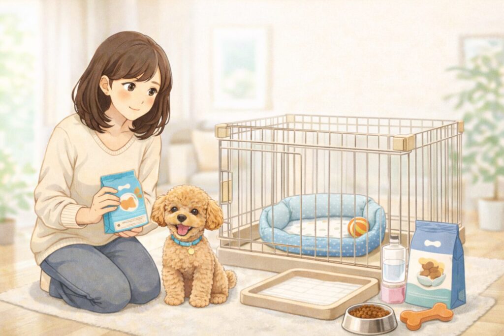犬を飼う前に、ケージやベッド、フード、トイレ用品をそろえて準備している初心者向けのイラスト