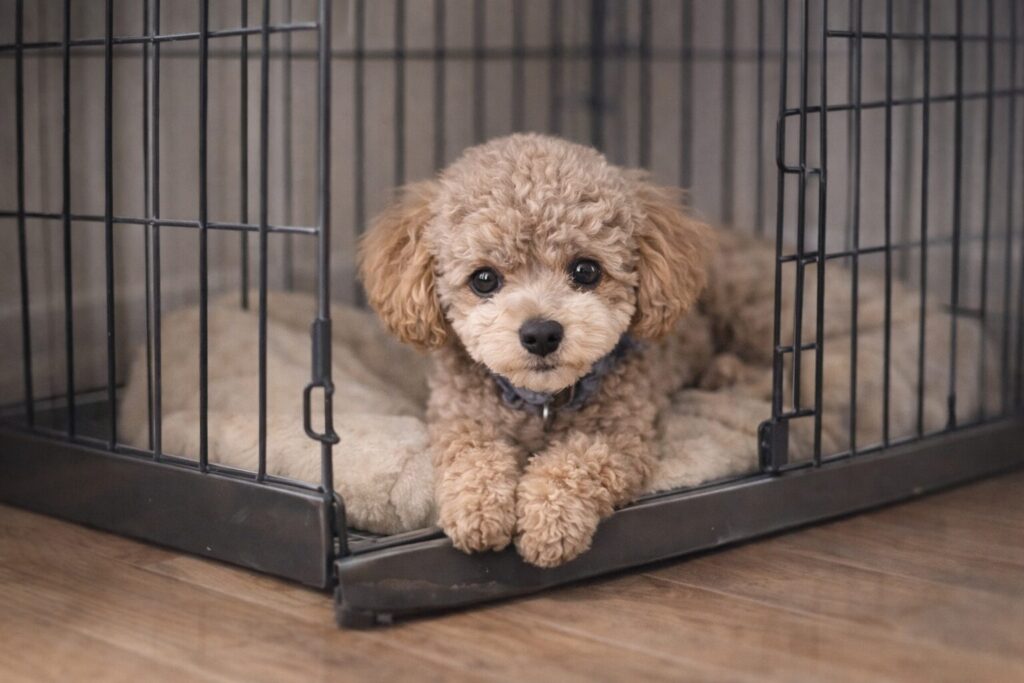 ケージの中で落ち着いてくつろぐトイプードルの様子