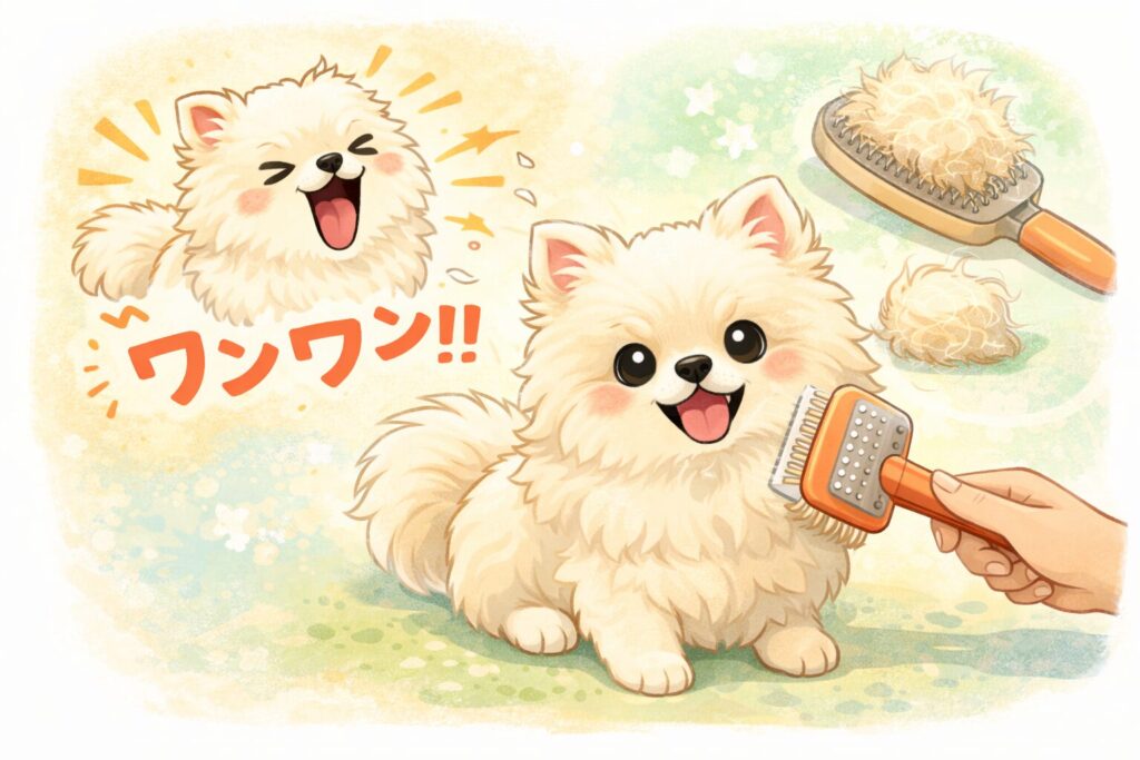 ブラッシングと吠え対策を表現したポメラニアンのイラスト