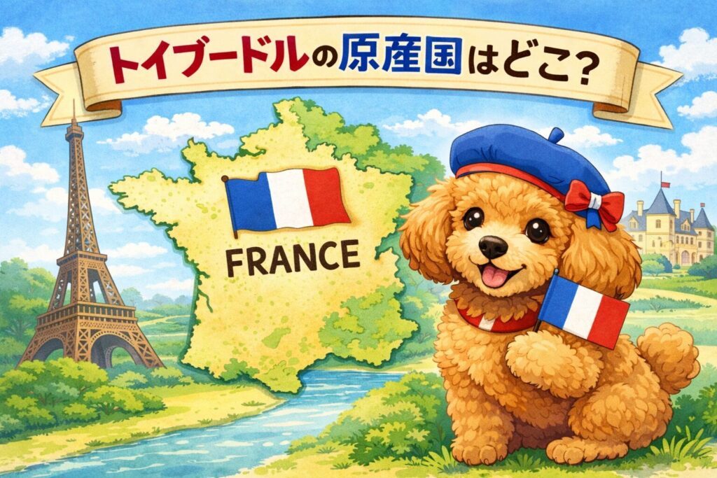 フランスの地図とトイプードルで原産国がフランスであることを表したイラスト