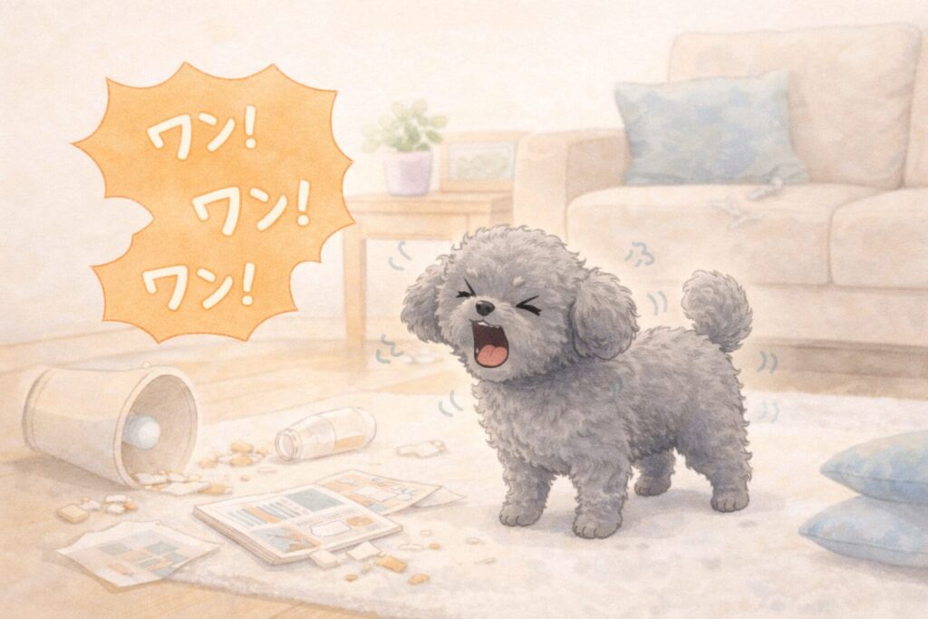 留守番中に吠えてしまうシルバートイプードルのイラスト