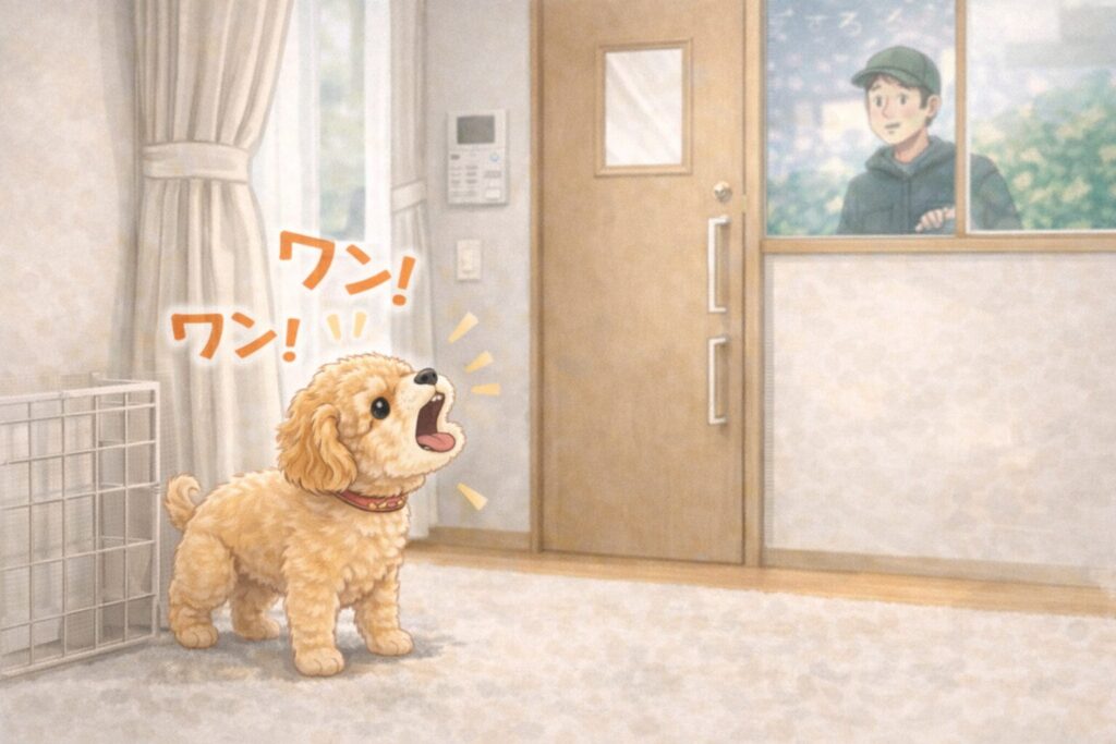 来客やインターホンに反応して吠える犬の様子を描いたイラスト