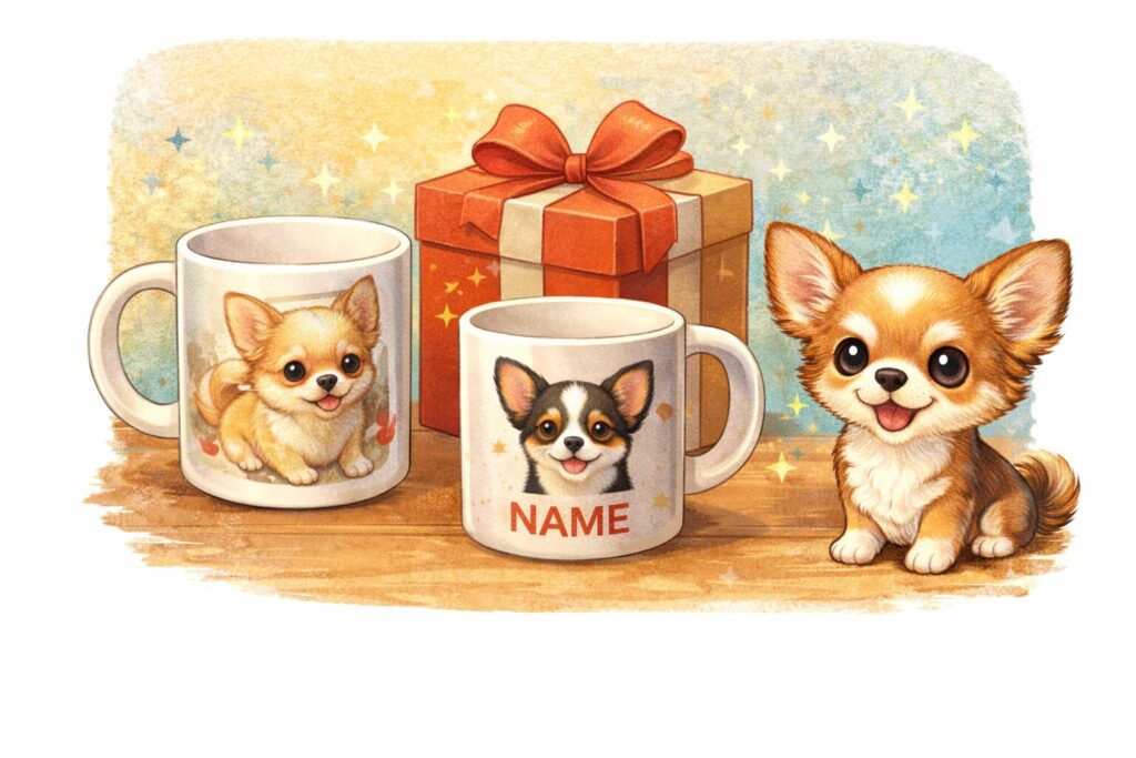 名入れできるチワワマグカップとギフト用ボックスのイラスト
