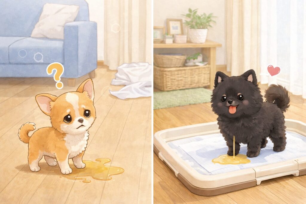トイレ環境が整っていない子犬と、正しく排泄できている子犬を比較したイラスト