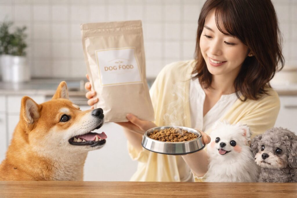 キッチンで日本人女性がフードを用意し、柴犬と白ポメ・トイプーが期待して見上げる写真風イメージ