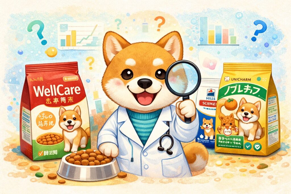 柴犬のドッグフード「ウェルケア・ヒルズ・ユニチャーム」を比較する研究員風の可愛い柴犬イラスト